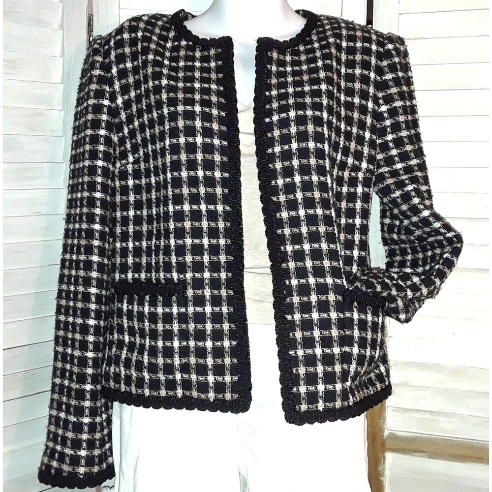 Tweed Blazer Jacket Women Size 10 Black/White/Tan Classic Tailored Cropped